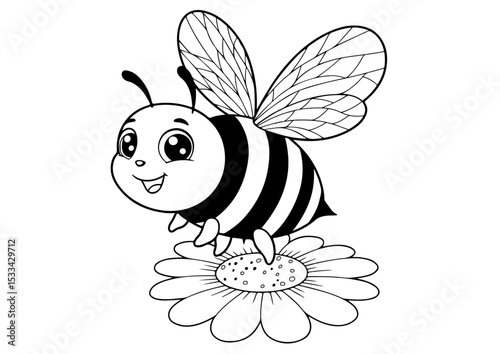 ute bee and flower cartoon outline line art vector illustration for coloring page for chidren's kids, transparent background