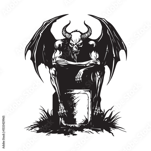 Winged Demon Sitting on a Tombstone with a Fierce Gaze Vector Illustration