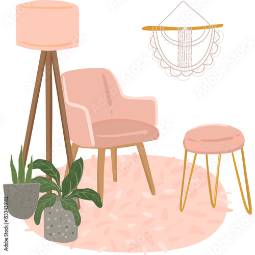 Cozy modern home decor illustration watercolor icons set for interior design