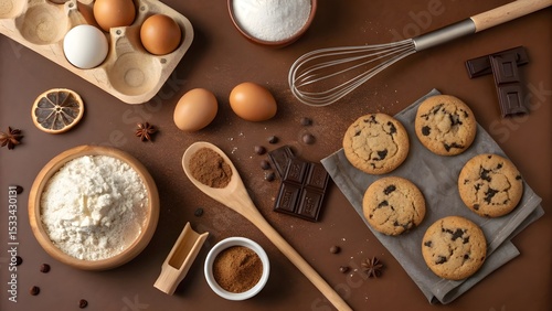 Chocolate chip cookies baking ingredients flour eggs sugar cocoa powder whisk on brown background top view food photo
