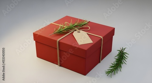 Eco Chic 3D Red Gift Box with Kraft Tag and Rosemary on Light Grey Background