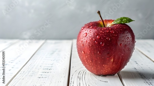 Fresh red apple with water droplets on white wood background perfect for healthy eating concepts