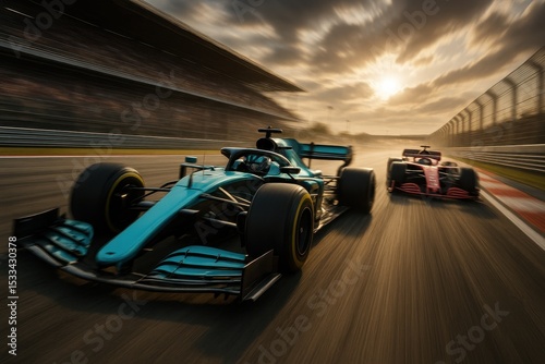 High-speed Formula 1 racing cars with aerodynamic designs creating motion blur on professional circuit