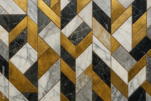 Luxurious geometric marble mosaic with metallic accents creating sophisticated contemporary wall design