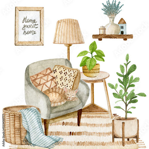 Watercolor scandinavian flat home decor elements icons set for cozy minimal interior