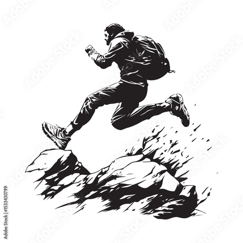Mountain Runner Making a Bold Leap Over Jagged Stones in Adventure Vector Design