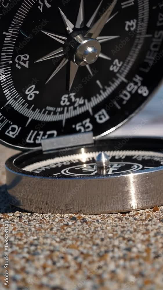 Vertical screen, polished metal compass slowly opening, revealing its black dial with white markings, resting on a beach with the sea in the background Vertical screen, polished metal compass slowly opening, revealing its black dial with white markings, resting on a beach with the sea in the background