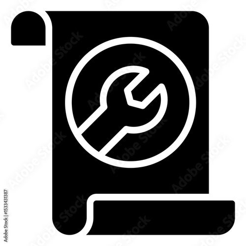 Training Plan Glyph Black Fill Silhouette - Scroll with wrench symbolizing a structured training plan or technical instruction guide