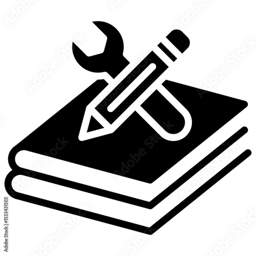 Practical Training Glyph Black Fill Silhouette Icon - Books with wrench and pencil represent hands-on or applied learning activities for trainees