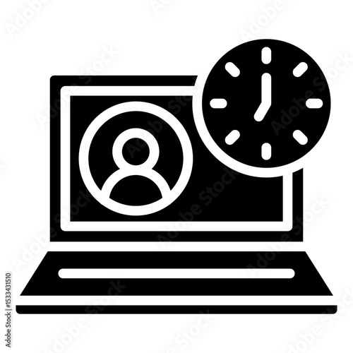 Online Schedule Glyph Black Fill Silhouette Icon - Laptop with clock and trainee avatar shows online or remote training sessions with scheduled timing