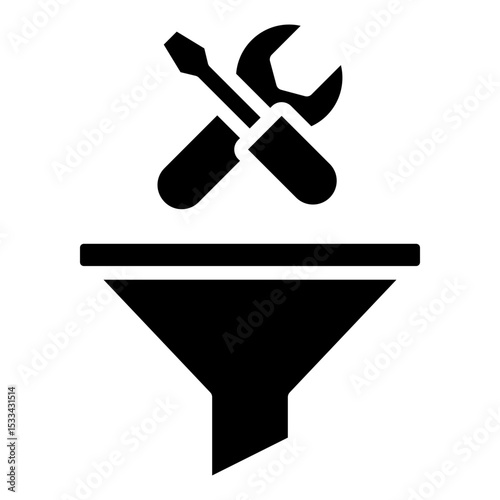 Skill Filtering Glyph Black Fill Silhouette Icon - Funnel and tools symbolize filtering or narrowing down skills to train during trainee selection