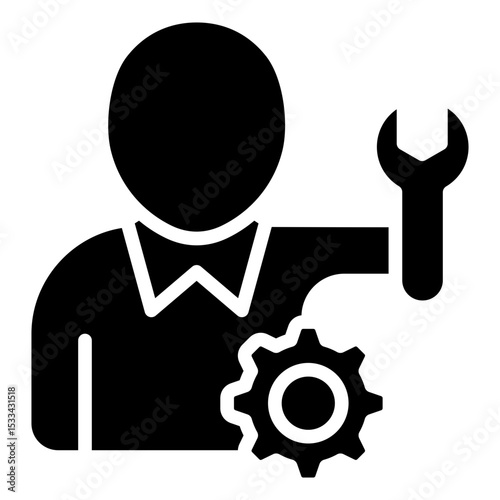 Skill Development Glyph Black Fill Silhouette Icon - Person with wrench and gear representing technical or mechanical skill-building by trainees