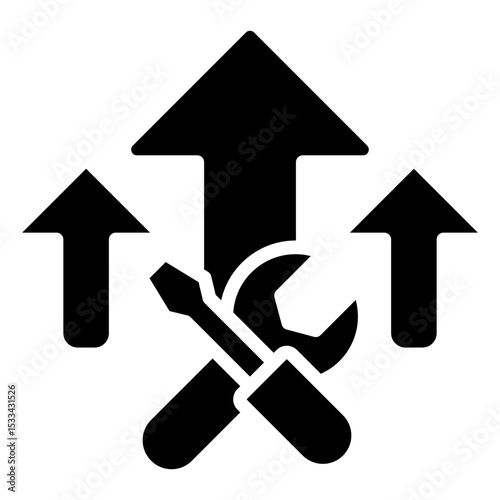 Skill Growth Glyph Black Fill Silhouette Icon - Wrench and arrows pointing up represent improving technical skills and career advancement for trainees