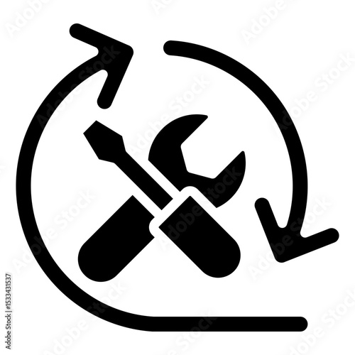 Skill Rotation Glyph Black Fill Silhouette Icon - Circular arrows and tools represent rotating tasks or skill training in different areas for trainees