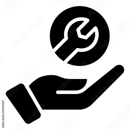 Skill Support Glyph Black Fill Silhouette Icon - Hand holding wrench symbolizes support or mentoring in technical skill development