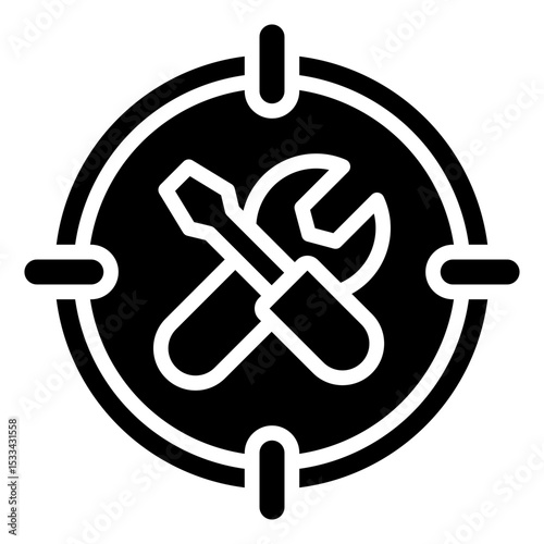 Skill Targeting Glyph Black Fill Silhouette Icon - Crossed tools in a scope represent targeting specific skills for development during trainee programs