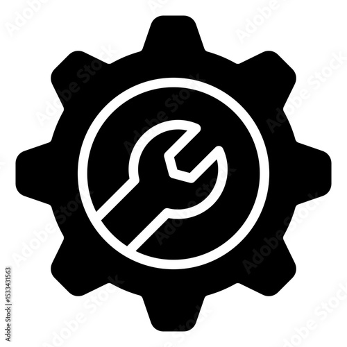Technical Focus Glyph Black Fill Silhouette Icon - Wrench inside gear illustrates trainee concentration on technical or mechanical skills