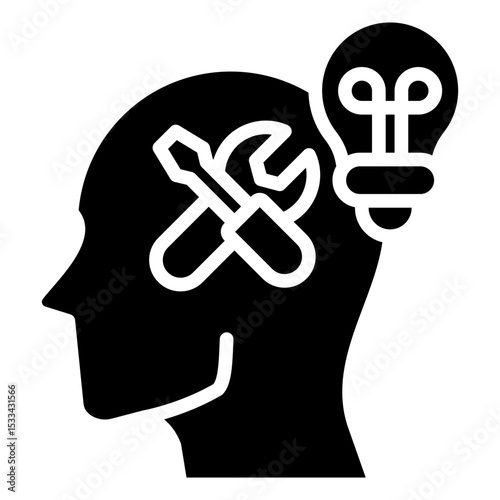 Technical Mindset Glyph Black Fill Silhouette Icon - Head with wrench and bulb shows thinking process and innovation development during trainee learning