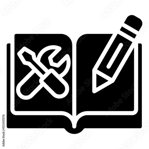 Technical Study Glyph Black Fill Silhouette - Open book with wrench and pencil representing editable trainee manuals or technical training documentation