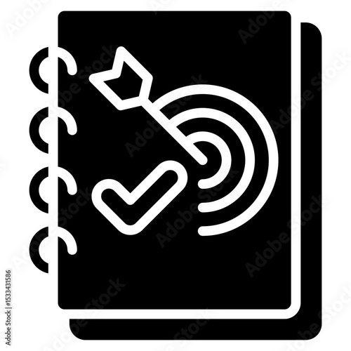 Target Achieved Glyph Black Fill Silhouette Icon - Checklist and target in a notebook represent completed tasks and achieved milestones by the trainee