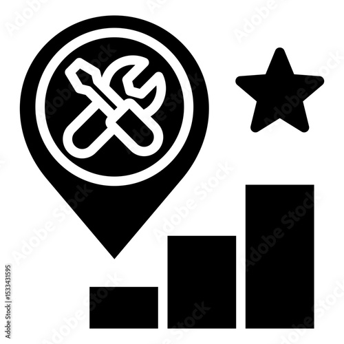 Training Location Glyph Black Fill Silhouette - Pinpoint, bar chart, and star symbolizing trainee performance tracking by location or branch