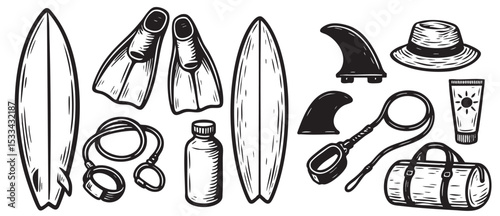 Surfing and Beach Essentials Set Black and White Vector Illustration