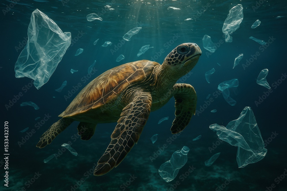 Fototapeta premium Sea turtle swimming desperately near floating plastic pollution highlighting urgent ocean conservation crisis