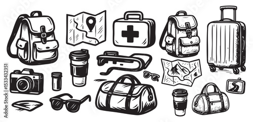Travel and Photography Essentials Set with Backpack, Camera, Sunglasses, Luggage, Map, First Aid Kit, and Travel Documents.