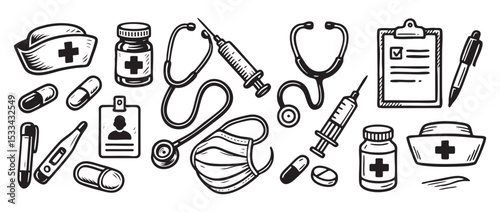 Hospital and Nurse Equipment Set Black and White Vector Illustration