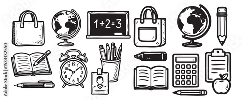 School Supplies and Classroom Essentials Set Black and White Vector Illustration