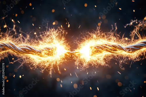A metal cable sparks brightly during a short circuit