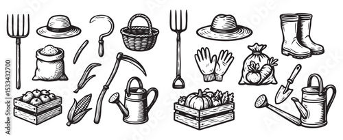 Farming Tools and Harvest Elements Set Black and White Vector Illustration