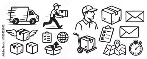 Delivery and Courier Icons Delivery and Logistics Service Icons Set Black and White Vector Illustration