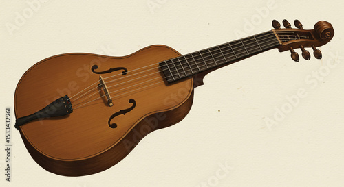A detailed view of a brown bandora instrument with six tuning pegs and strings on a light background