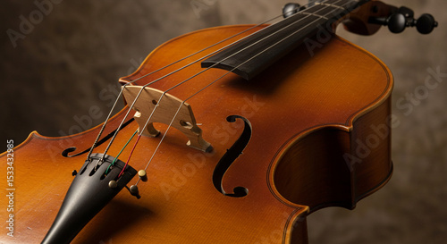 Close up of a stringed instrument showcasing the bridge strings and f hole detail in warm lighting