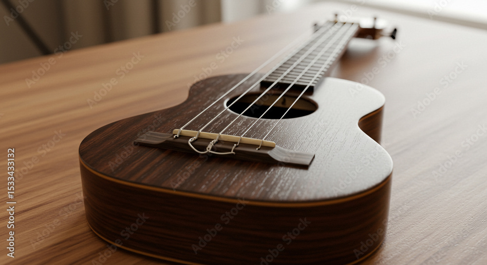 Fototapeta premium Close up of a dark brown ukulele with strings on a wooden surface in soft natural lighting