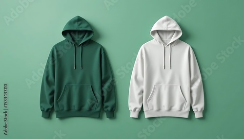 Minimal Fashion Mockup: Front View of Green and White Hoodies