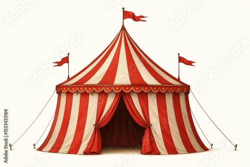Traditional red and white striped circus tent isolated on white background for entertainment advertising