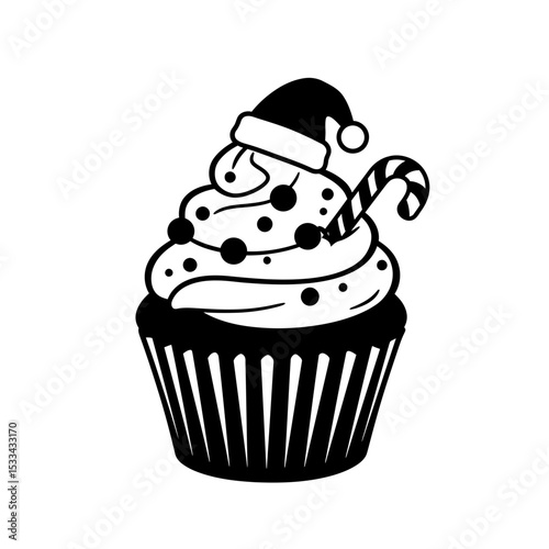 Cupcake with santa hat and candy cane illustration silhouette