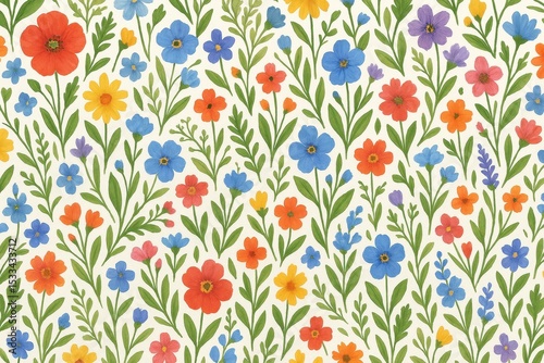 Vibrant spring botanical pattern with colorful wildflowers and lush foliage creating natural harmony