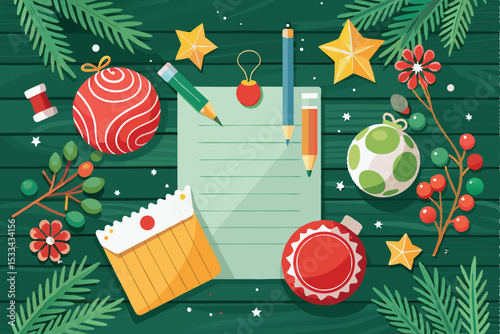 Festive Holiday Planning Christmas Ornament Decorations on a Wooden Table with Pencils