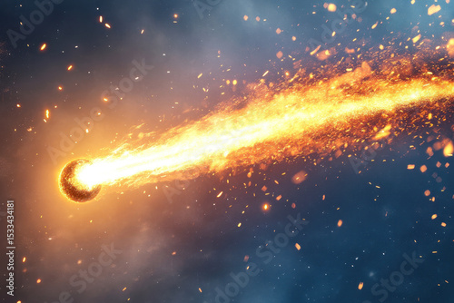 Fiery celestial body traveling through space leaving a glowing trail