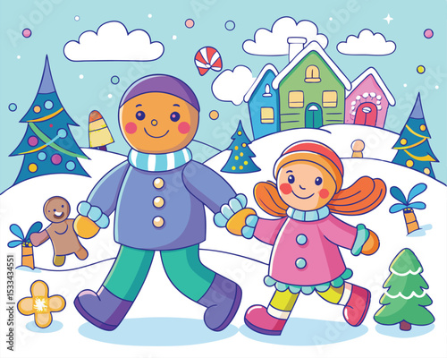 Cheerful Winter Walk Gingerbread Man and Girl Enjoying a Snowy Day