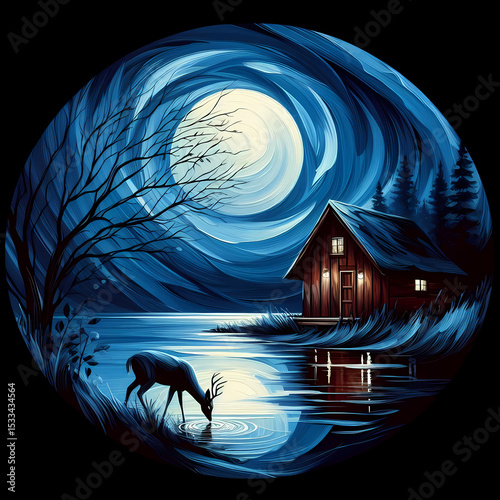 Deer Drinking from Moonlit Forest Lake at Night