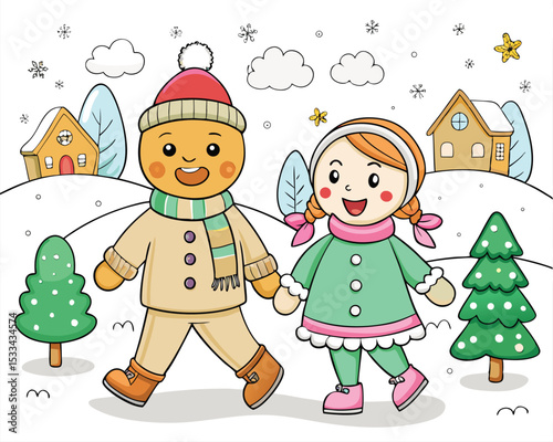 Gingerbread Man and Girl Walking in Winter Wonderland Cartoon Illustration