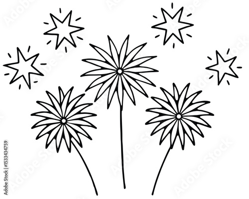 Hand drawn fireworks and stars illustration in black and white
