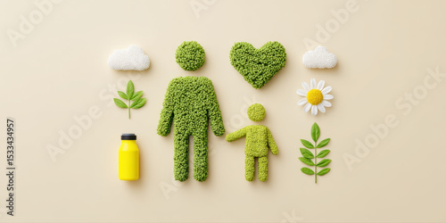 Green father and child figures with heart, leaves, clouds, flower, and bottle symbolizing love and care in nature