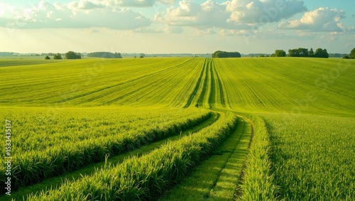 Tractor tracks through green pasture under partly cloudy sky