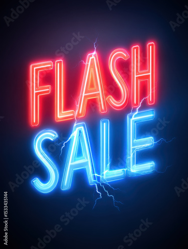 Flash sale neon sign with red and blue glowing letters and electric lightning effects on dark background, vibrant and eye catching design