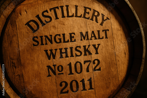 Close up of a distillery barrel with single malt whisky engraving